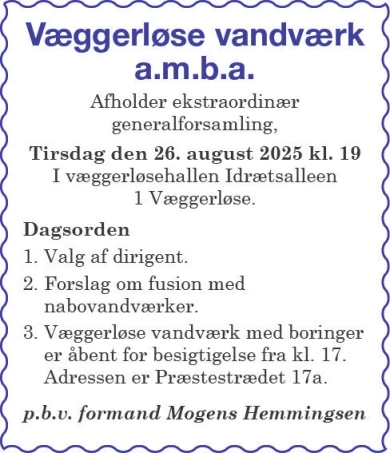Annonce for  Væggerløse Vandværk